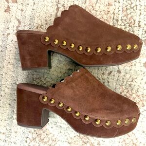 Chocolat Blu Chestnut Suede Mules with Brass Accents